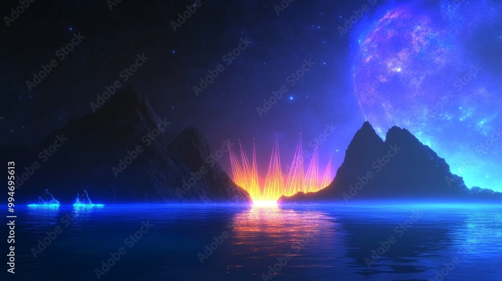 Alien Landscape with Neon Mountains and Giant Planet in Starry Sky neon alien world wallpaper Alien Landscape with Neon Mountains and Giant Planet in Starry Sky neon alien world wallpaper