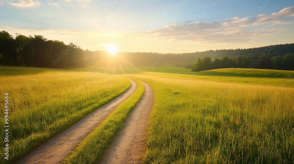 Obraz premium serene landscape featuring winding dirt road through lush green fields under bright sunrise. scene evokes sense of peace and tranquility, perfect for nature lovers.