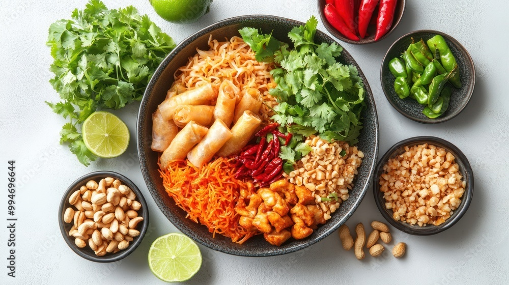 Thai Style Noodle Salad with Crispy Spring Rolls and Toppings