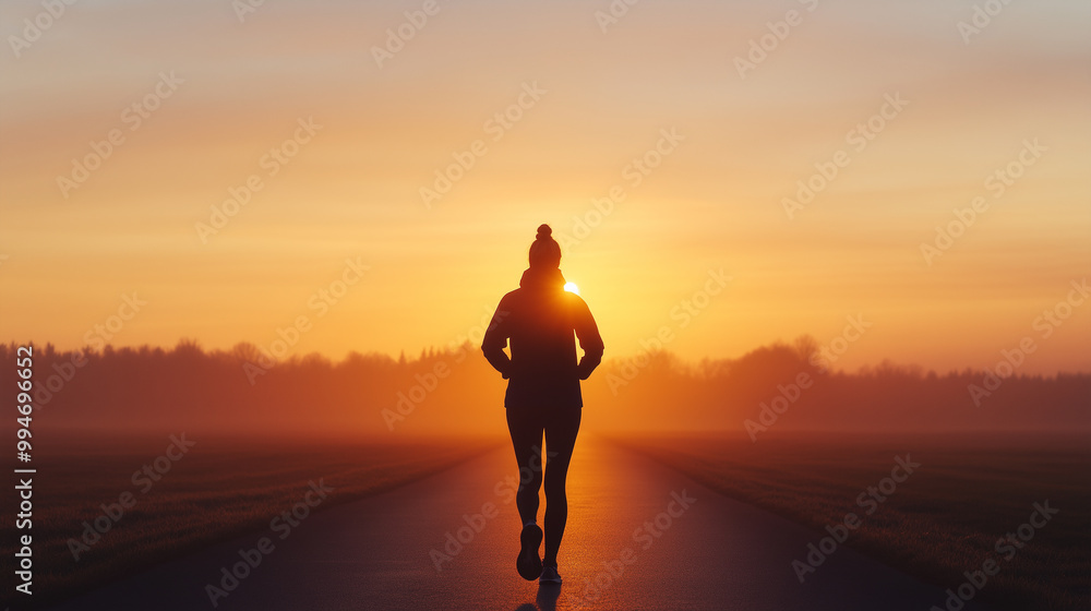 woman jogs along quiet road at sunrise, silhouetted against vibrant colors of sky. serene atmosphere evokes sense of peace and motivation. woman jogs along quiet road at sunrise, silhouetted against vibrant colors of sky. serene atmosphere evokes sense of peace and motivation.