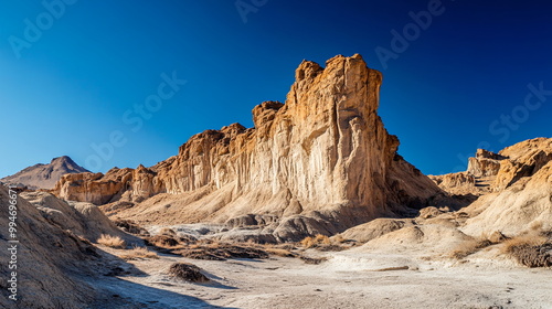 A photograph of Valle de la Luna in Chile, with its otherworldly rock formations and stark, arid landscape under a deep blue sky. Hispanic heritage month celebration atmosphere