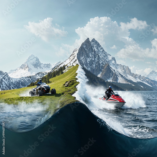 Snow and water split landscape with snowmobile and jet ski, adventure theme photo