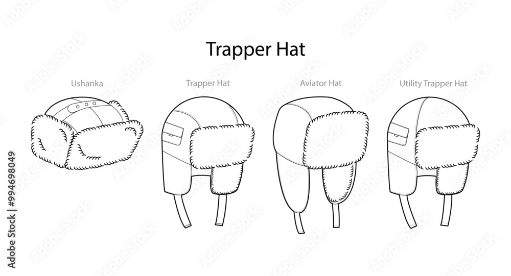Set of Trapper Hats with text names - Utility Ushanka Aviator. Winter Head Fashion accessory cap with fur clothing technical illustration. Vector headgear, flat template mockup sketch outline isolated Set of Trapper Hats with text names - Utility Ushanka Aviator. Winter Head Fashion accessory cap with fur clothing technical illustration. Vector headgear, flat template mockup sketch outline isolated