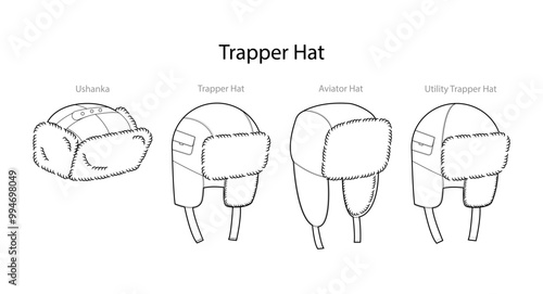 Set of Trapper Hats with text names - Utility Ushanka Aviator. Winter Head Fashion accessory cap with fur clothing technical illustration. Vector headgear, flat template mockup sketch outline isolated