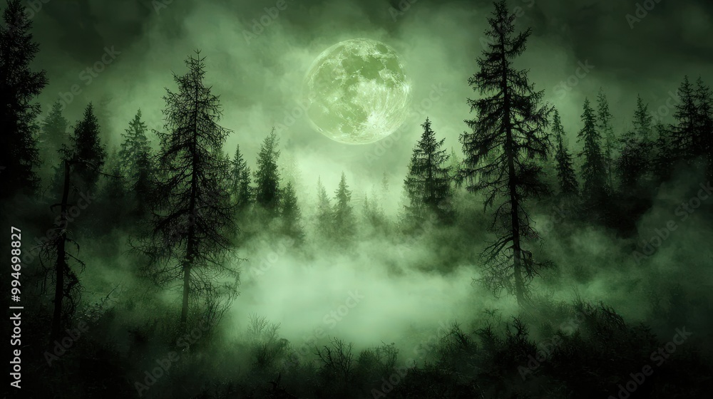 Eerie Foggy Forest with Full Moon at Night Mystical Nature Landscape Eerie Foggy Forest with Full Moon at Night Mystical Nature Landscape