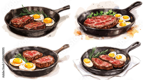 A series of four images of food in a pan, including steak and eggs. The images are in different stages of cooking, from raw to well done. The mood of the images is warm and inviting
