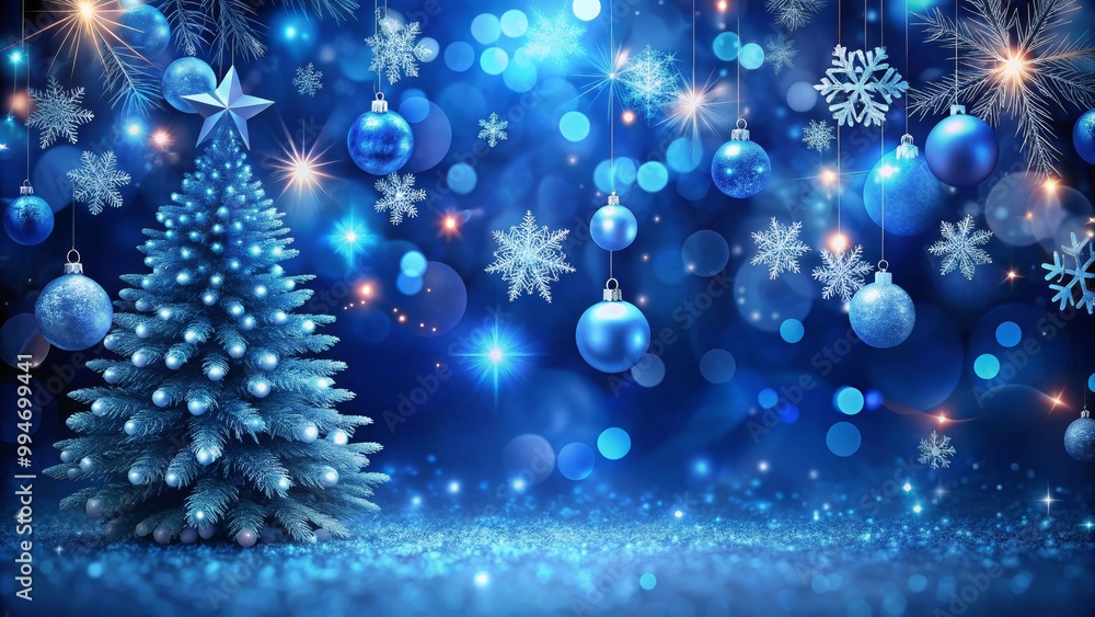Fototapeta premium Christmas tree standing with blue ornaments hanging and sparkling lights in background creating magical christmas mood