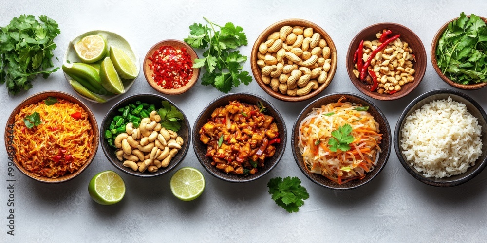 Assorted Bowls of Asian-Inspired Dishes and Ingredients Assorted Bowls of Asian-Inspired Dishes and Ingredients