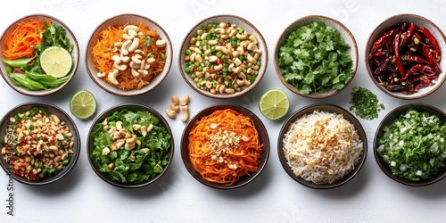 Assortment of Bowls with Various Asian Salad Ingredients photo