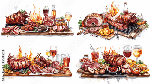 A set of four images of a barbecue with various meats, vegetables, and drinks. The mood of the images is lively and festive, with the focus on the food and drinks being served