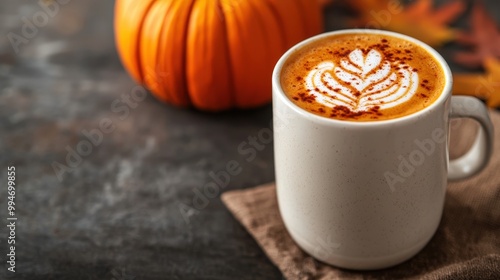 Pumpkin Spice Latte with Cinnamon and Pumpkin in Background   Autumn Drink Concept
