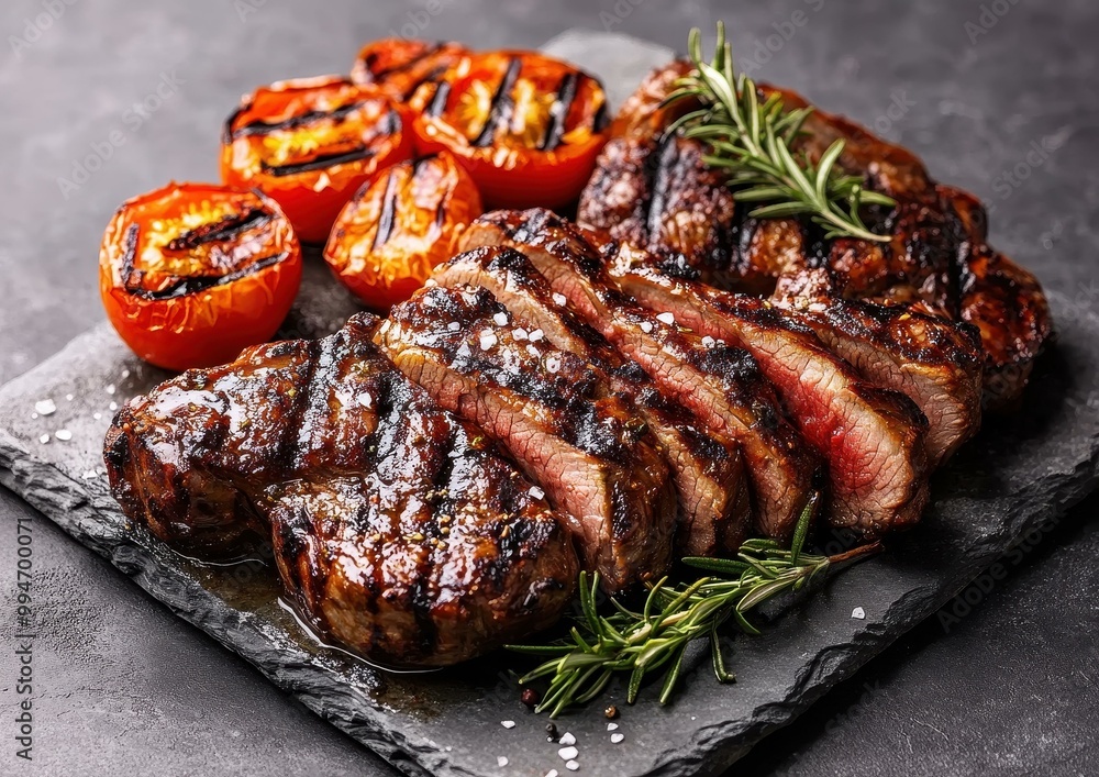Gourmet CharcoalGrilled Lamb with Rosemary Garlic Grilled Tomatoes and Sea Salt on Stone Platter