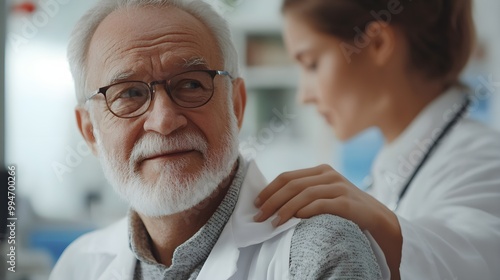 Focused moment of a doctor reassuring a patient with a touch on the shoulder before administering the vaccine, calm medical environment