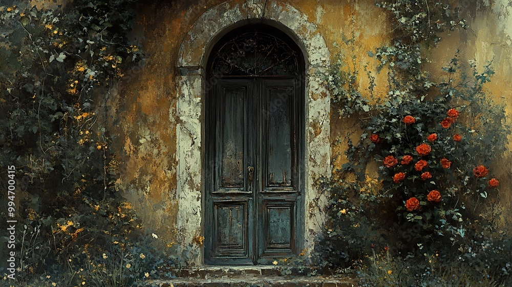 Old Wooden Door with Red Roses and Ivy Old Wooden Door with Red Roses and Ivy