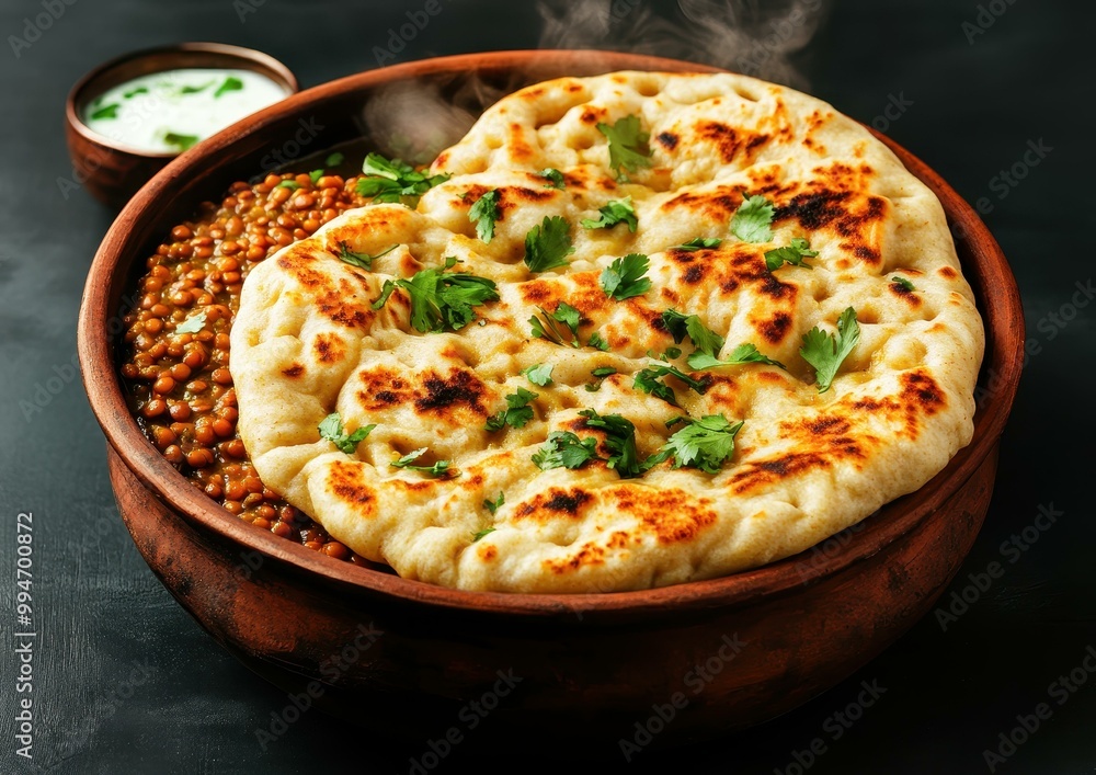 Fluffy Naan Bread in Traditional Clay Pot with Steaming Lentils  Indian Cuisine Delicacy