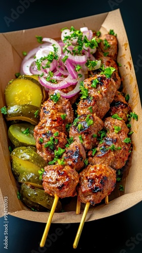Wallpaper Mural Delicious Street Food Lamb Skewers in Paper Tray with Pickles and Onions for Casual Dining Torontodigital.ca
