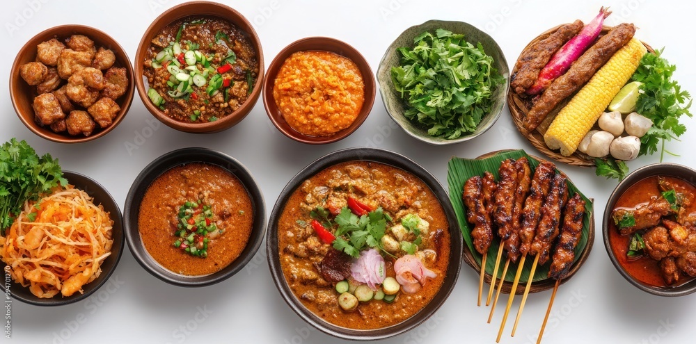 An Assortment of Indonesian Dishes, Including Satay, Curry, and Fried Snacks An Assortment of Indonesian Dishes, Including Satay, Curry, and Fried Snacks