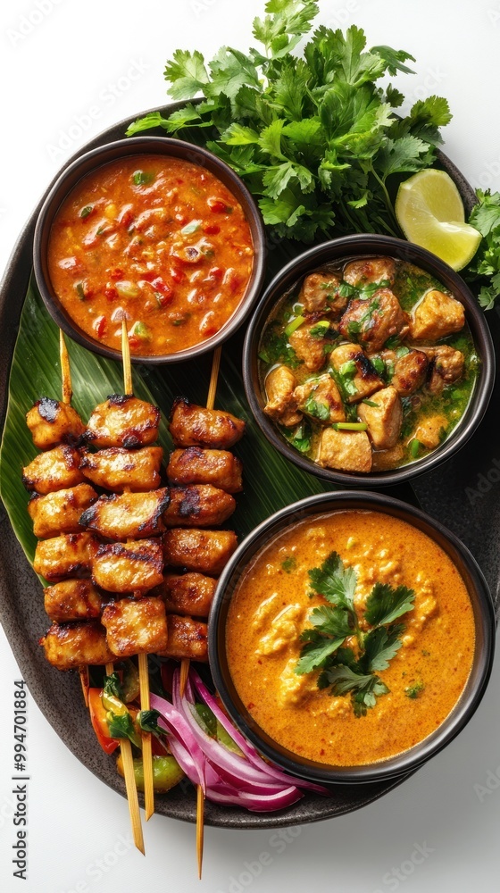 Grilled Chicken Skewers with Three Dipping Sauces and Cilantro Garnish Grilled Chicken Skewers with Three Dipping Sauces and Cilantro Garnish