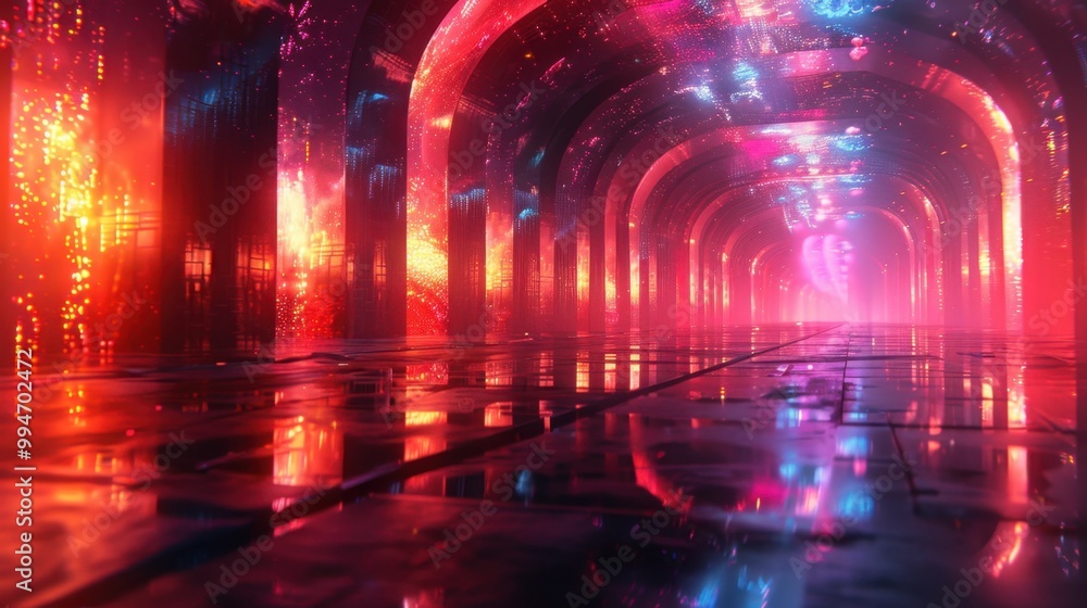 A futuristic painting with neon colors and digital effects displayed in a neon light room. A futuristic painting with neon colors and digital effects displayed in a neon light room.