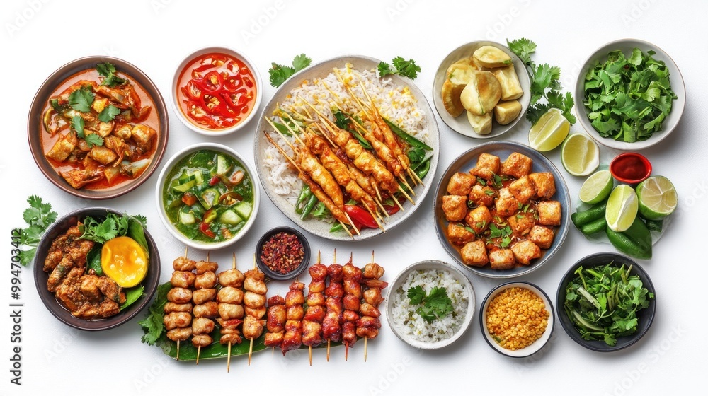 Assorted Thai Dishes with Skewered Meat and Steamed Rice Assorted Thai Dishes with Skewered Meat and Steamed Rice