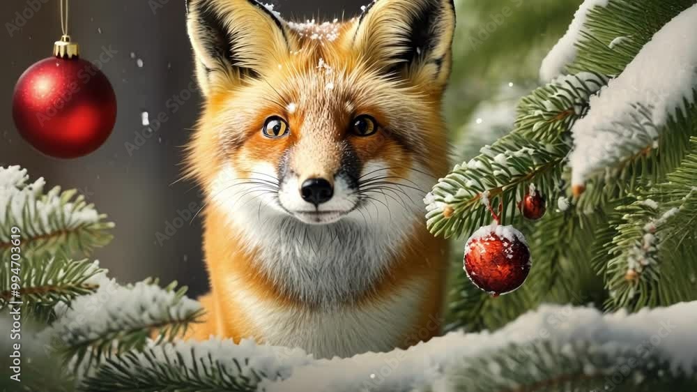 Red fox is nestled among snow dusted pine branches adorned with a festive red ornament, evoking a sense of winter wonderland charm Red fox is nestled among snow dusted pine branches adorned with a festive red ornament, evoking a sense of winter wonderland charm