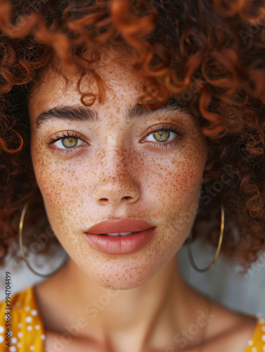 Portrait of stylish Black woman with freckles and red hair