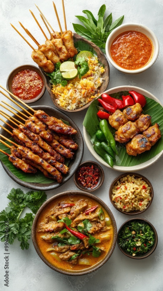 An Assortment of Thai Dishes Featuring Skewers, Curry, and Rice An Assortment of Thai Dishes Featuring Skewers, Curry, and Rice