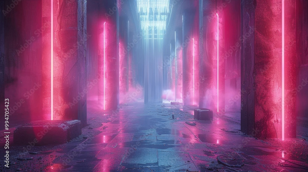 Futuristic equalizer bars in a neon lit space. Futuristic equalizer bars in a neon lit space.