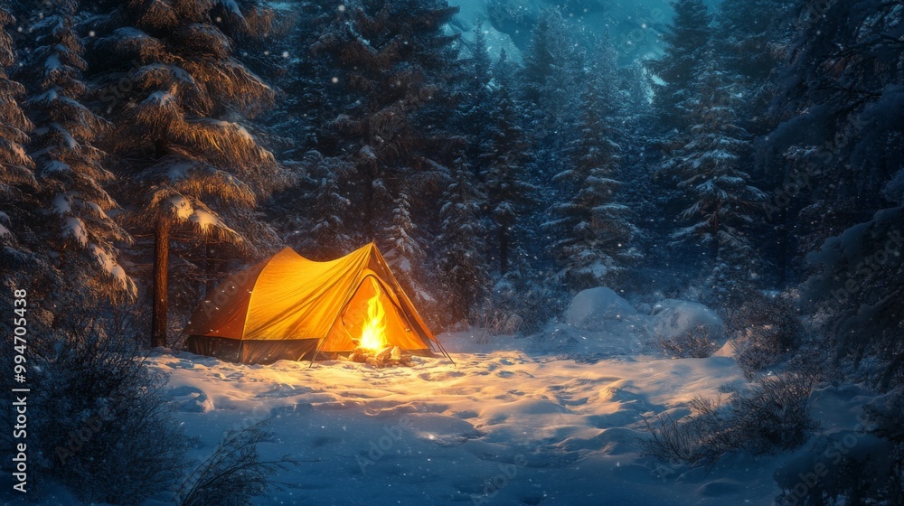 A Campsite Glowing with Firelight Amidst a Snowy Forest A Campsite Glowing with Firelight Amidst a Snowy Forest