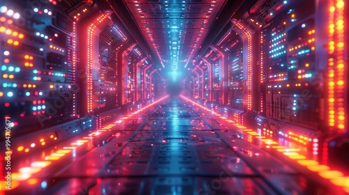 Futuristic equalizer bars in a neon lit space. 