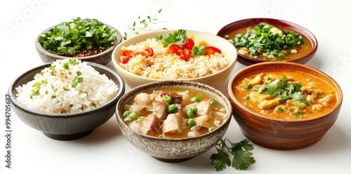 A Variety of Asian Dishes with Rice, Soup, and Stews