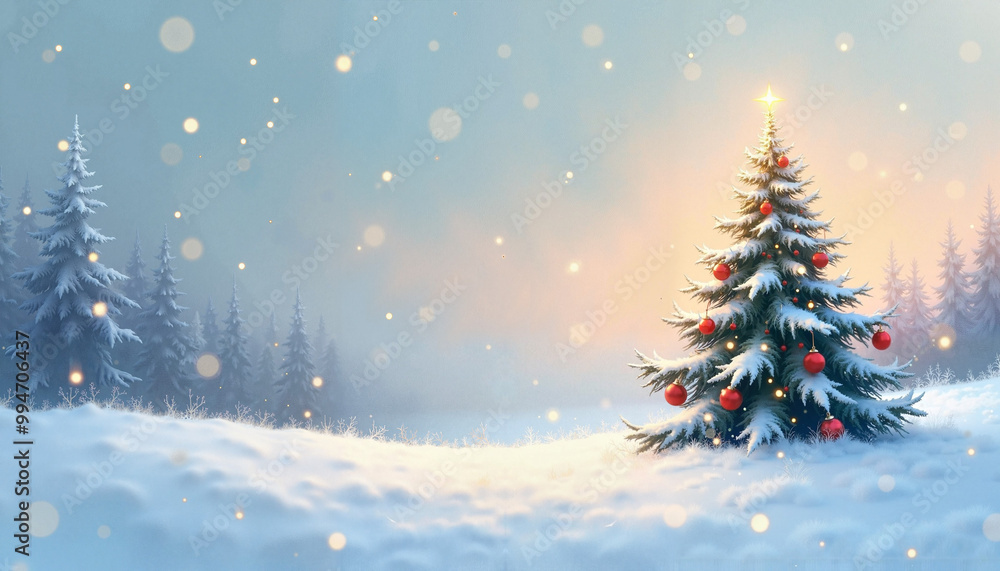 Beautiful Christmas tree in a snowy landscape with sparkling lights, winter wonderland, festive mood Beautiful Christmas tree in a snowy landscape with sparkling lights, winter wonderland, festive mood