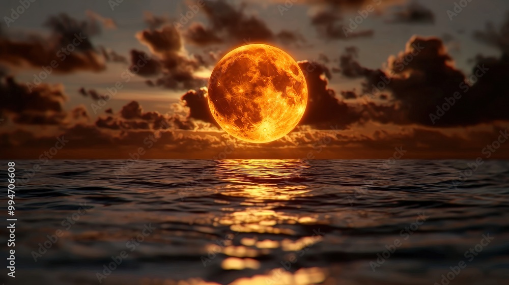 Glowing Full Moon Over Calm Ocean With Dramatic Sky And Water Reflections Glowing Full Moon Over Calm Ocean With Dramatic Sky And Water Reflections