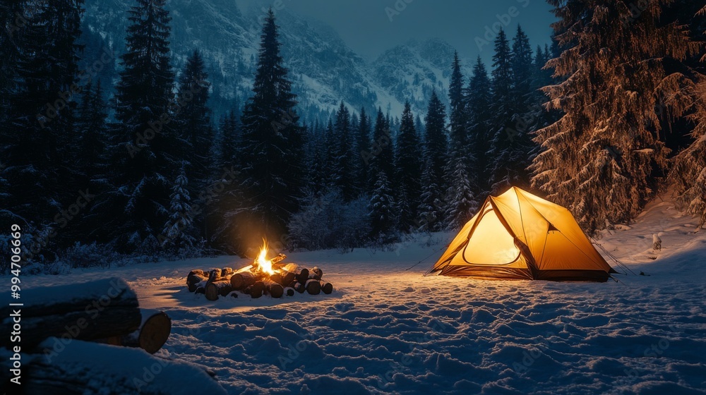 Illuminated Tent and Campfire in a Snowy Mountain Forest at Night Illuminated Tent and Campfire in a Snowy Mountain Forest at Night