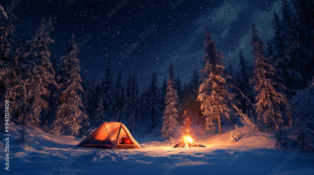 A Cozy Campsite in a Snowy Forest Under a Starry Night A Cozy Campsite in a Snowy Forest Under a Starry Night