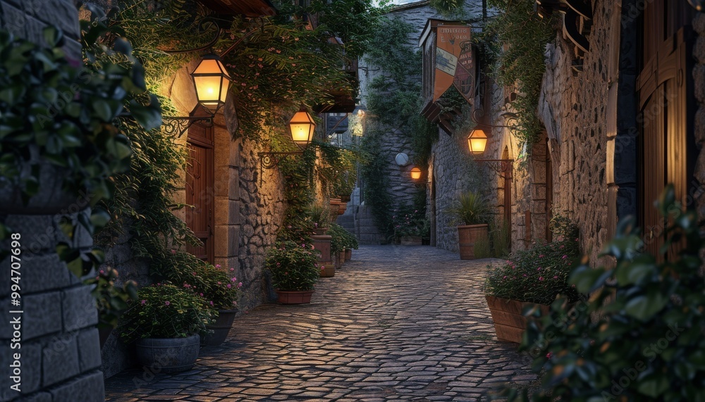 Enchanting cobblestone alley with glowing lanterns and ivy-covered walls Enchanting cobblestone alley with glowing lanterns and ivy-covered walls
