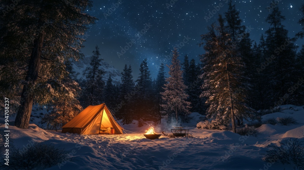 A lone tent illuminated by a fire under a starry sky A lone tent illuminated by a fire under a starry sky