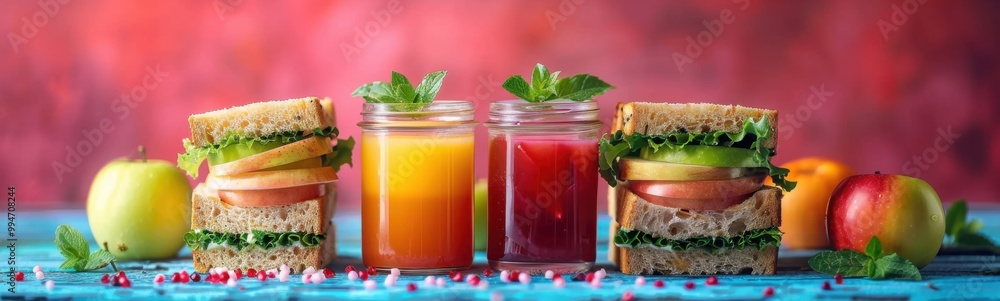 Sandwiches and two juices on a table, healthy lunch box, food background, banner Sandwiches and two juices on a table, healthy lunch box, food background, banner