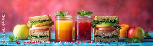 Sandwiches and two juices on a table, healthy lunch box, food background, banner photo