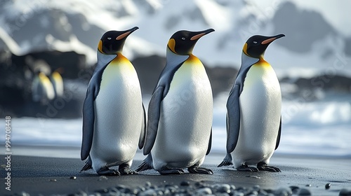 Three King Penguins Standing on a Beach in Antarctica