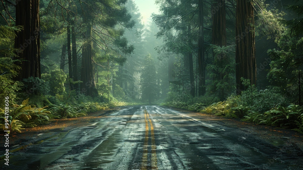 winds through a redwood forest, with giant trees towering over the road. winds through a redwood forest, with giant trees towering over the road.
