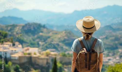 Woman in a Straw Hat Admiring a Mountainous Landscape