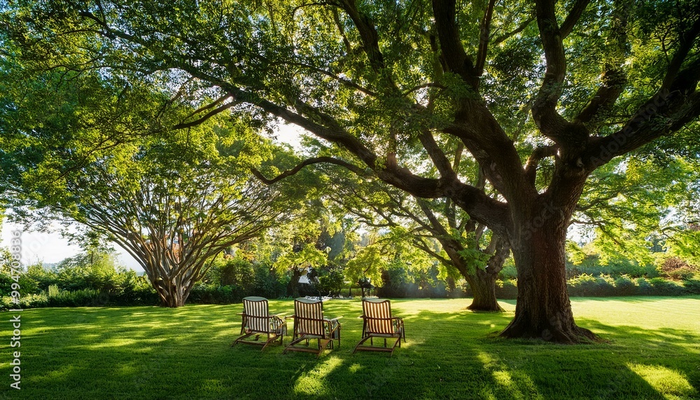 Shady trees in the middle of the grass and underneath there are garden chairs Shady trees in the middle of the grass and underneath there are garden chairs