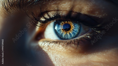 A Close-Up of a Blue Eye with a Gold Iris and Eyelashes photo