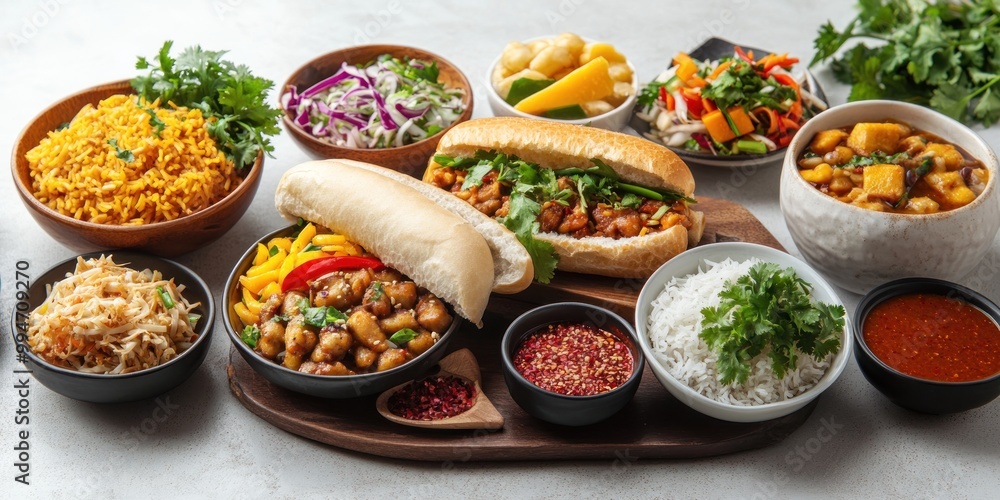 Assorted Asian Dishes with Rice, Noodles, and Sauces Assorted Asian Dishes with Rice, Noodles, and Sauces
