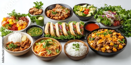 A Spread of Asian Dishes with Rice, Salads, and Meat