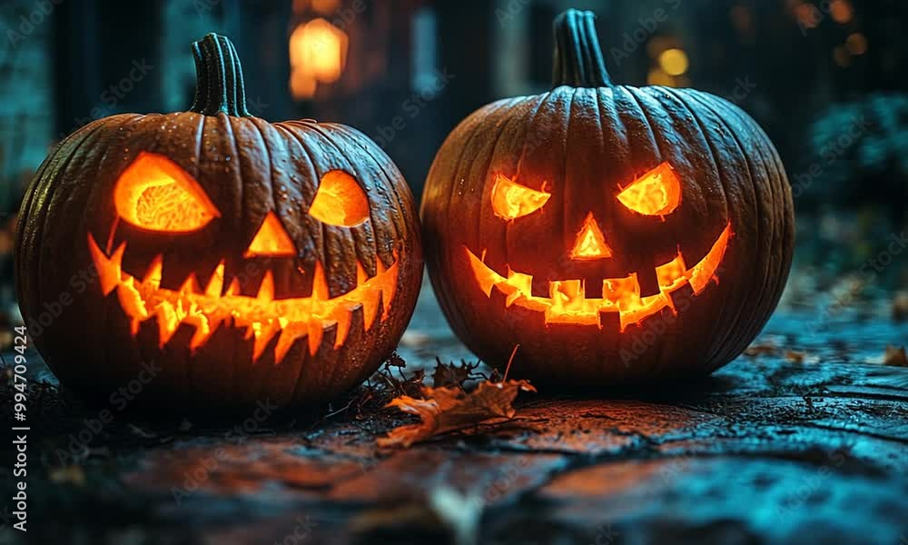 Two carved Halloween pumpkins glowing at night. Two carved Halloween pumpkins glowing at night.