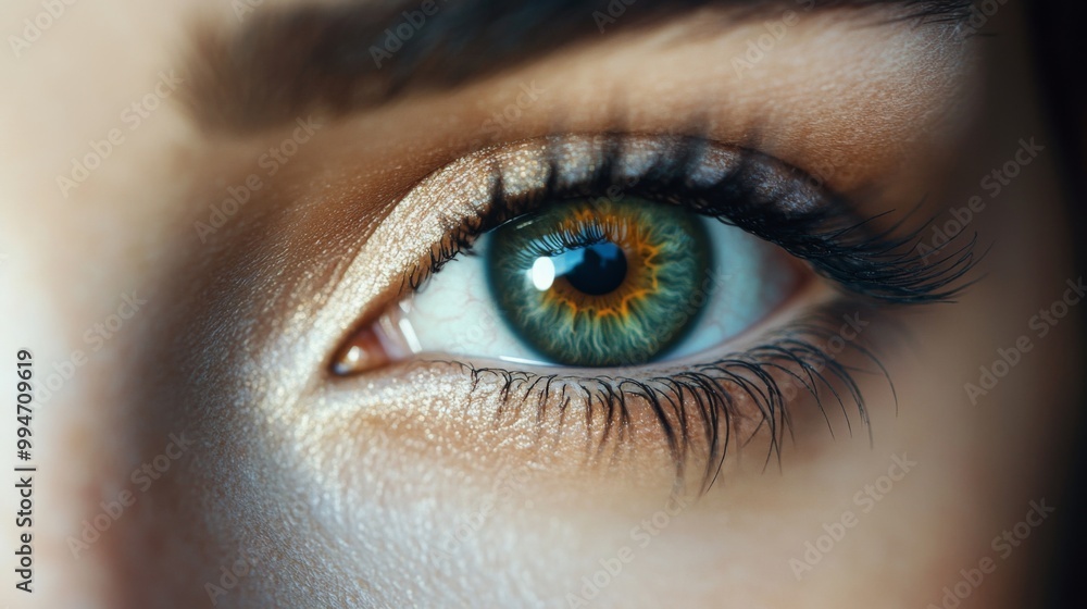 Close-up of a green eye with gold glitter eyeshadow Close-up of a green eye with gold glitter eyeshadow