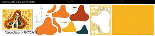BK1004This vector features a giraffe themed Happy Birthday card design for cutting machines. It includes editable layers for custom birthday cards, invitations, and DIY craft projects.