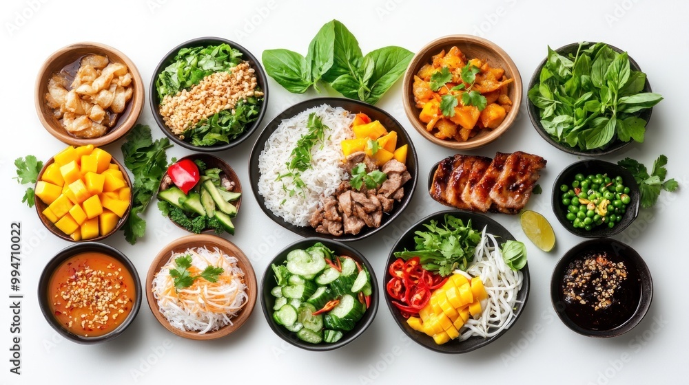 An Array of Vietnamese Dishes, Including Rice, Meat, and Vegetables, Served in Small Bowls An Array of Vietnamese Dishes, Including Rice, Meat, and Vegetables, Served in Small Bowls